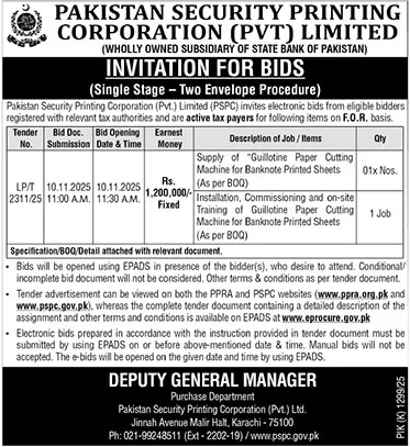 Pakistan Security Printing Corporation Private Limited Karachi Tender Notice